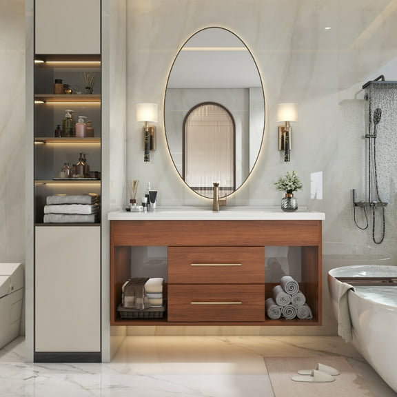 35.4" Mid-century Modern Single Bathroom Vanity with Integrated Ceramic Undermount Sink