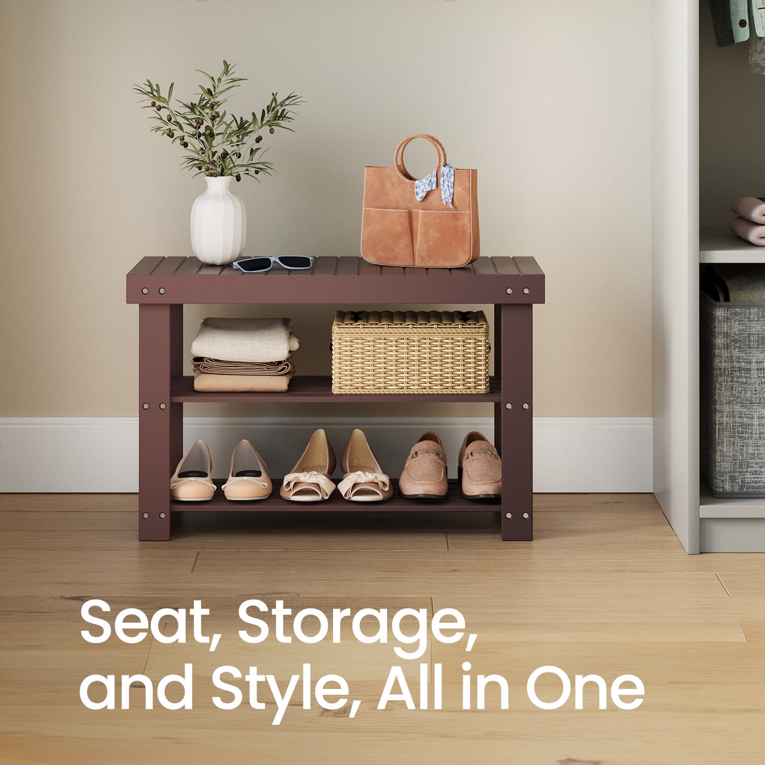 LEDREM 3-Tier Bamboo Shoe Rack Bench , Entryway Storage Organizer with 2 Shelves , Multi-Purpose Hallway Seat & Shelf , Holds 287lb , Easy Assembly , Brown