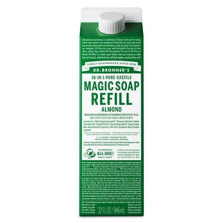 Dr. Bronner's Magic Soap Refill - Almond - Pure-Castile Liquid Soap Carton - 32 oz – for face, body wash, hands