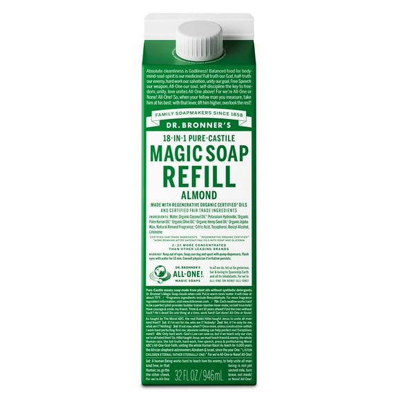 Dr. Bronner's Magic Soap Refill - Almond - Pure-Castile Liquid Soap Carton - 32 oz – for face, body wash, hands