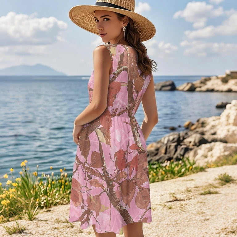 pink camo dress Binienty Pink Camo with Branches Pleated Tank Mini Dress for Women, Casual A Line Swing Smocked Sundress with Flowy, Women's, Size: Small