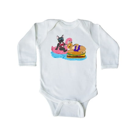 

Inktastic Cute French Bulldogs On Pool Floaties Gift Baby Boy or Baby Girl Long Sleeve Bodysuit