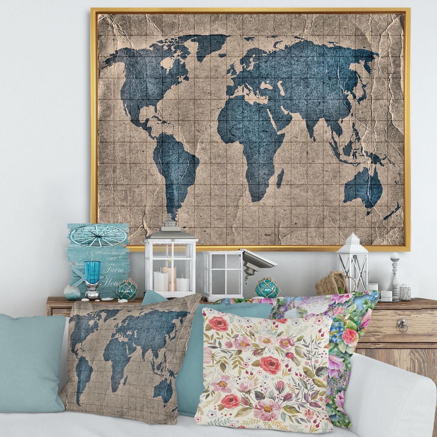 Designart Ancient Map of The World I FLOAT FRAME WALL ART