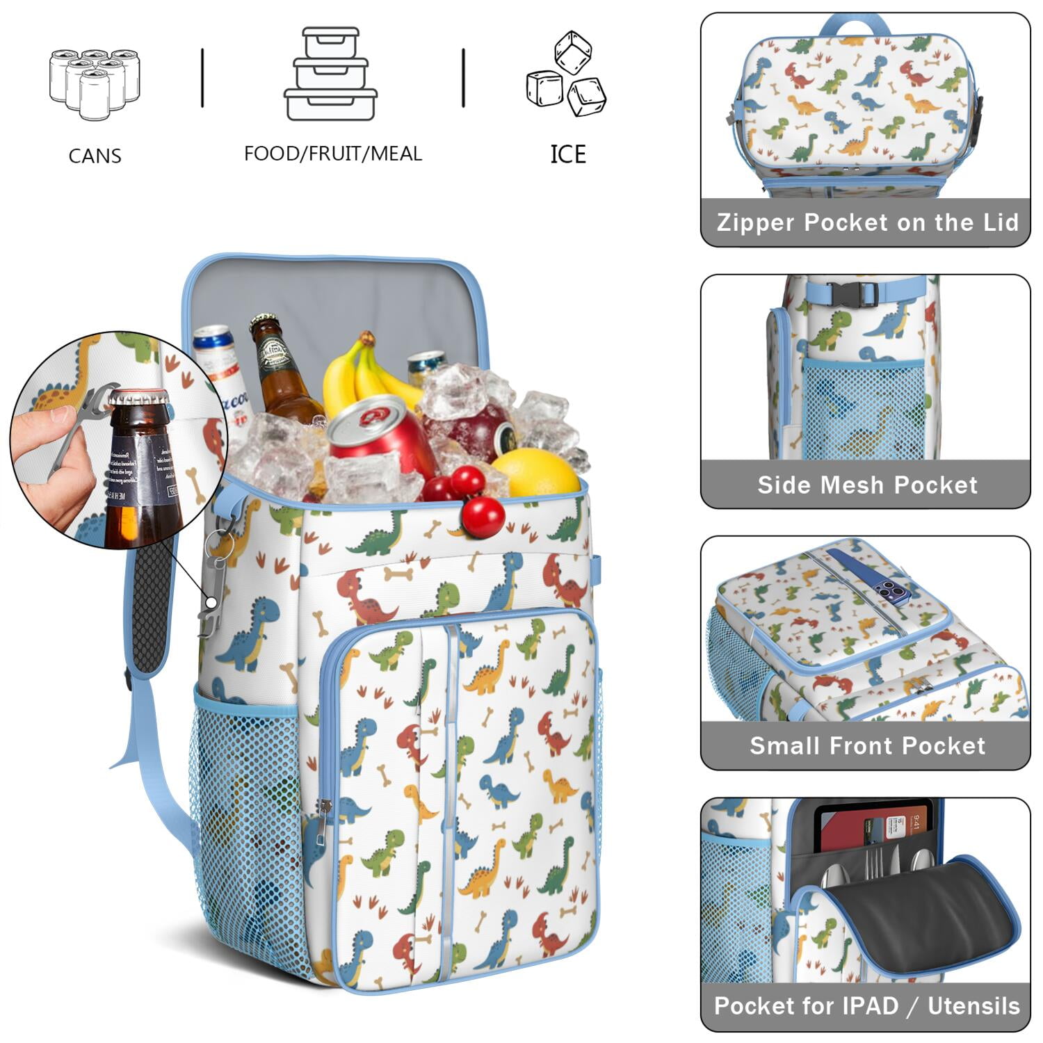 Travel Cooler Bag - White Dinosaurs Bones Footprints Pattern Camping Beer Cooler Backpack with Bottle Opener- Waterproof Insulated Picnic Backpacks - Cooler Bag for Beach