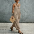 thumbnail image 3 of Baggy Linen Jumpsuits for Women Sleeveless Square Neck Overall Rompers Pleated Loose Casual Jumpsuit Khaki, 2XL, 3 of 7
