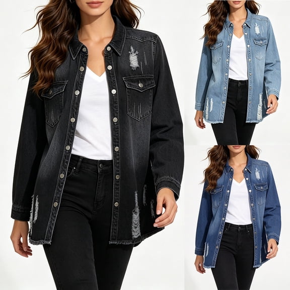 Miaoju Womens Jean Jacket 2026 Basic Trendy Long Sleeve Denim Jackets Button Down Fitted Western Coat with Pockets, BU1 M