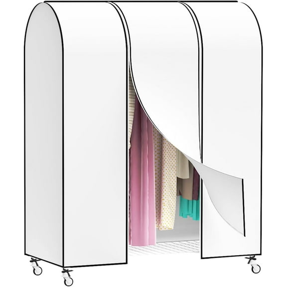 50'' Garment Rack Cover Dustproof Clothes Rack Cover Breathable Garment Bags Protector Wardrobe Cover with 2 Durable Zippers for Garment Rack, White, (Rack Not Included)