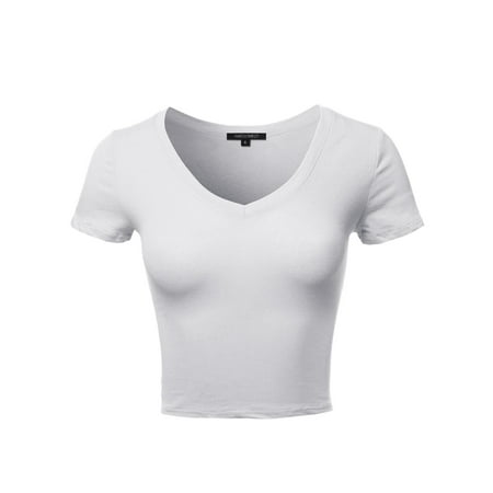 - FashionOutfit Women's Solid Short Sleeve V-Neck Cotton Based Crop Top
