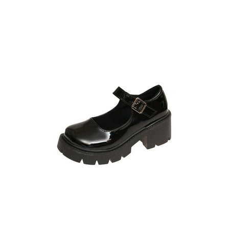 

Eloshman Womens Mary Jane Platform Leather Shoe Ankle Strap Lolita Shoes Party Casual Chunky Heel Loafers Non-slip Glossy Black 8