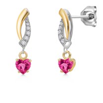 Gem Stone King 925 Silver and 10K Yellow Gold Pink Created Sapphire and White Lab Grown Diamond Dangle Earrings for Women | 1.05 Cttw | Gemstone September Birthstone | Heart Shape 4MM
