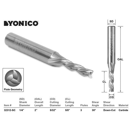 

Yonico CNC Router Bit Down Cut 3 Flute 5/32 Dia. X 5/8 - 32312-SC