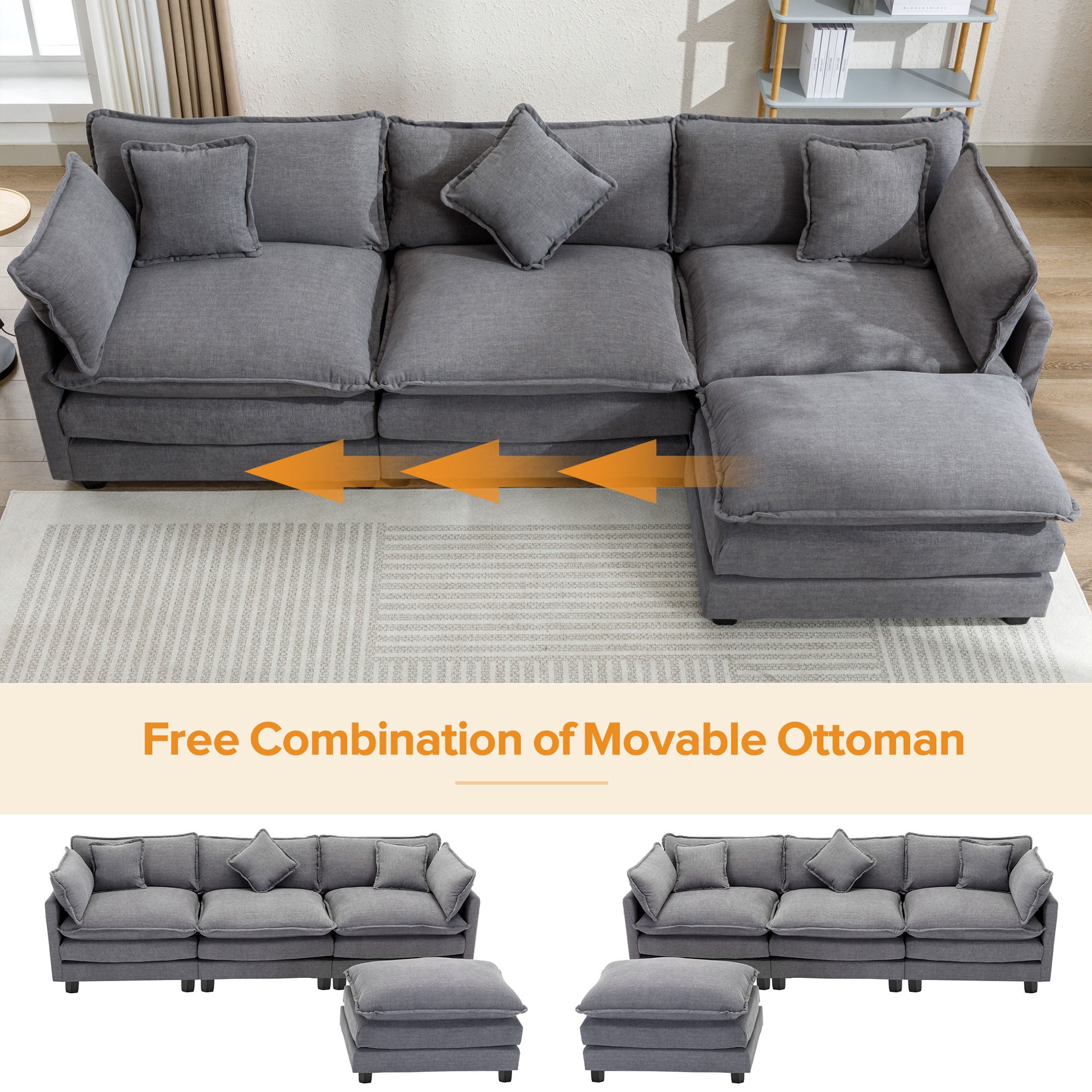 EUROCO 112.2" Modern L-Shape Sectional Sofa Couch, Chenille Upholstered Sofa with Ottoman and 5 Pillows, Indoor furniture for Living Room, Gray