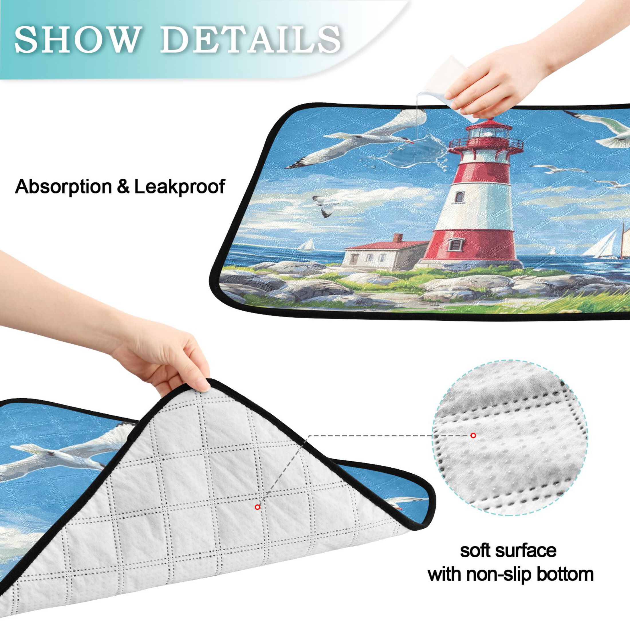 Qxltty Coastal Lighthouse Cat litter Pads Pet Set of 3 Diaper Mats Center Anti-leakage Layer Absorbent Soft and Comfortable