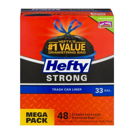 Hefty Extra Strong Drawstring Trash Can Liner Bags, 33 Gallon, 48 Ct