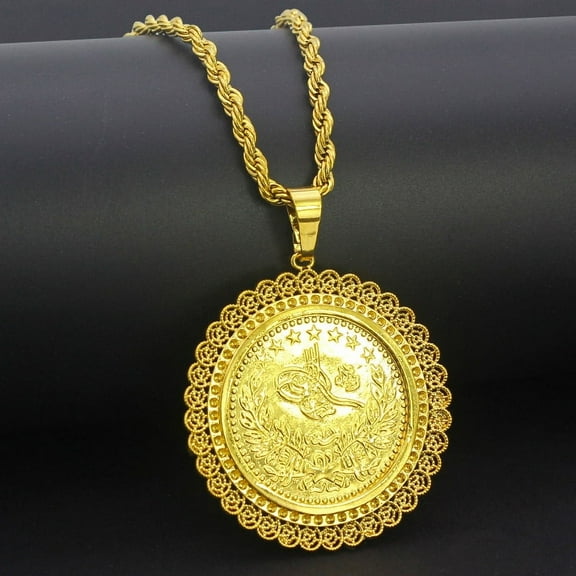 Arab Muslim Women's 14K Yellow Gold Necklace Jewelry Gift Turkish Ottoman Totem Coin Pendant Ethnic Bride Jewelry Long Slip Chain