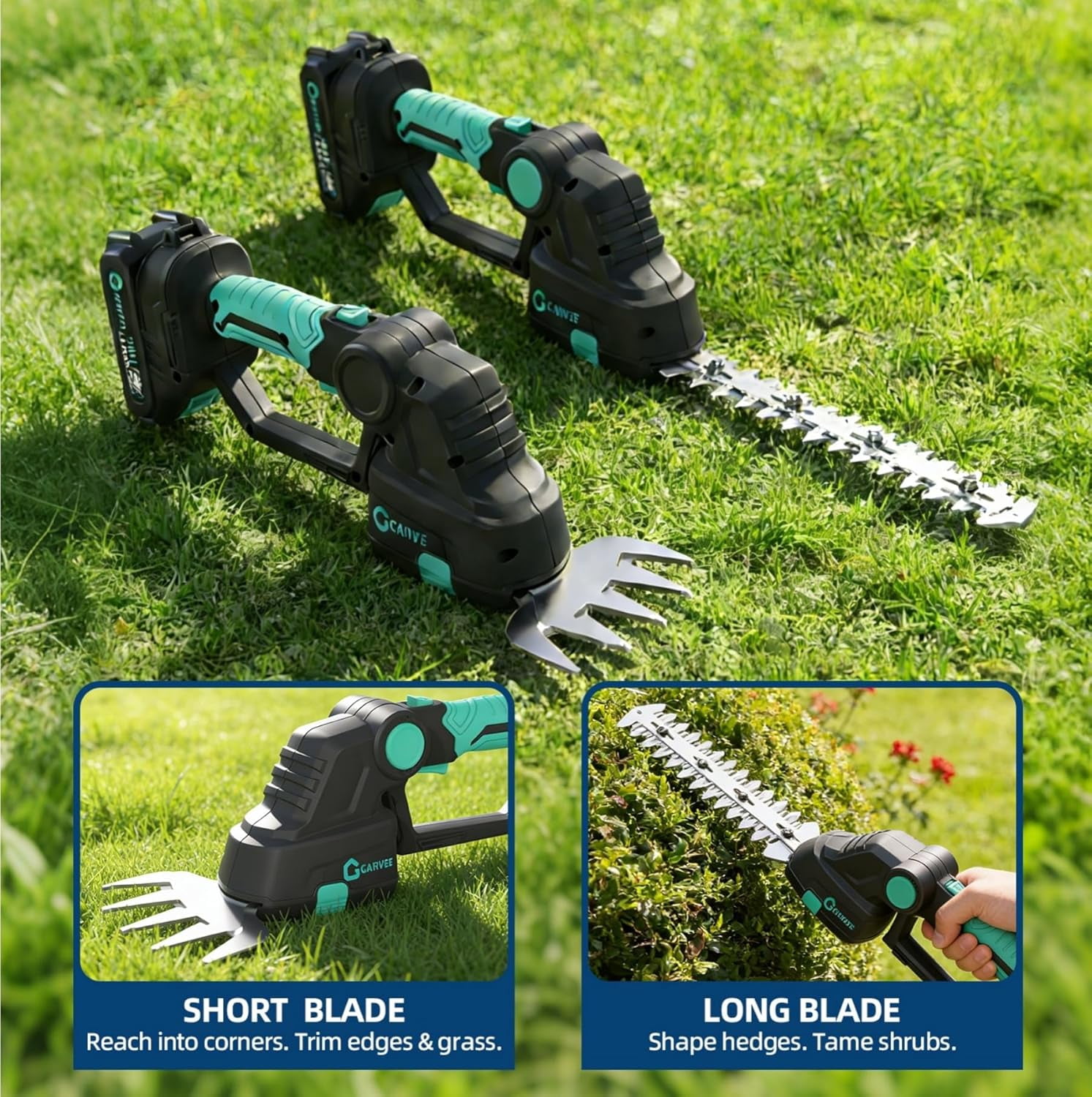 Cordless Grass Shear & Shrubbery Trimmer - 2 in 1 Handheld 20V Electric Hedge Shears with 2 Batteries
