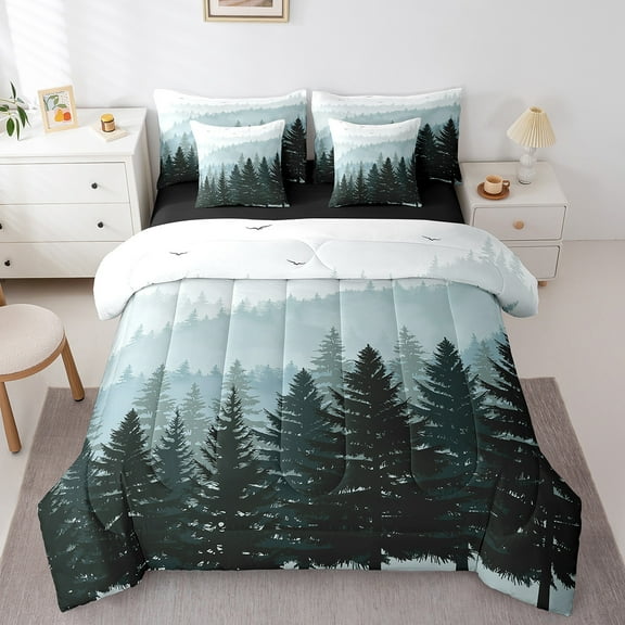 Feelyou Grey Blue Pine Tree Twin Bedding Sets 7-Piece, Jungle Plant Botanical Bedding Comforter Set, Nature Scenery Print Reversible Sheet Sets, Super Cozy Room Decor