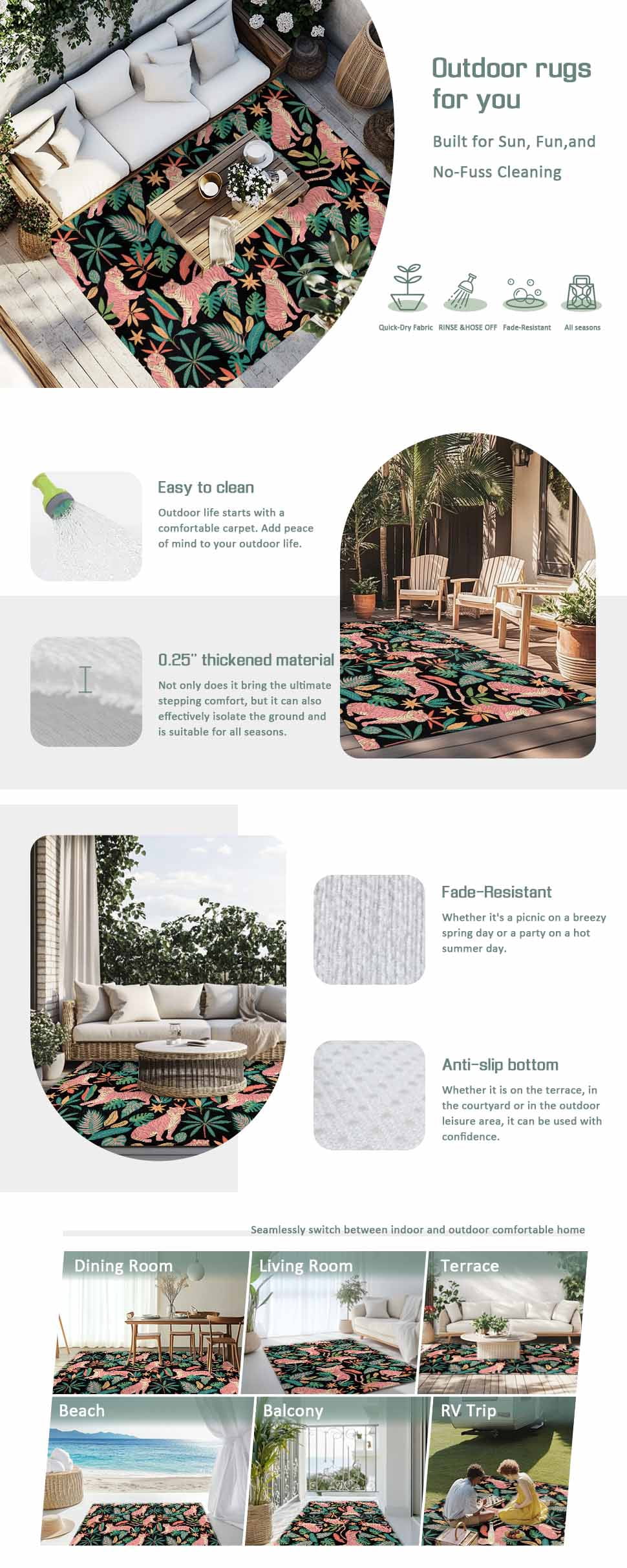 Farmhouse Tiger Outdoor Rug 6x9 Ft - Reversible Patio Rug Outdoor Camping Rugs, Summer Watercolor Animals Palm Trees Washable Indoor Outdoor Area Rugs, Non-Slip Outdoor Carpet Runner for Deck/Porch