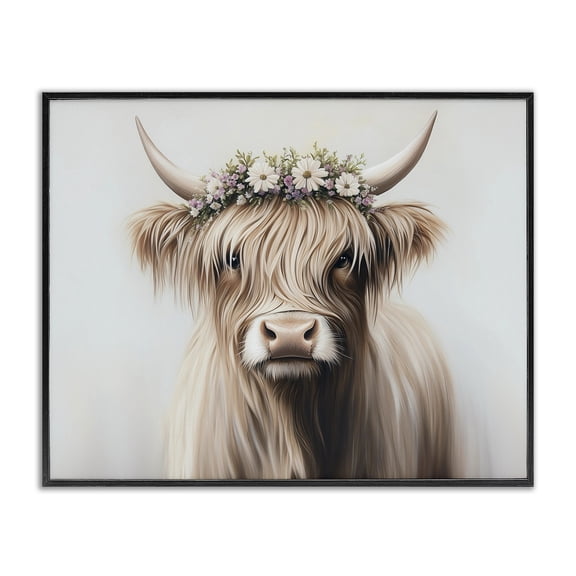 Shaggy Cattle Floral Crown Black Framed Giclee Art, design by Shawna Stewart