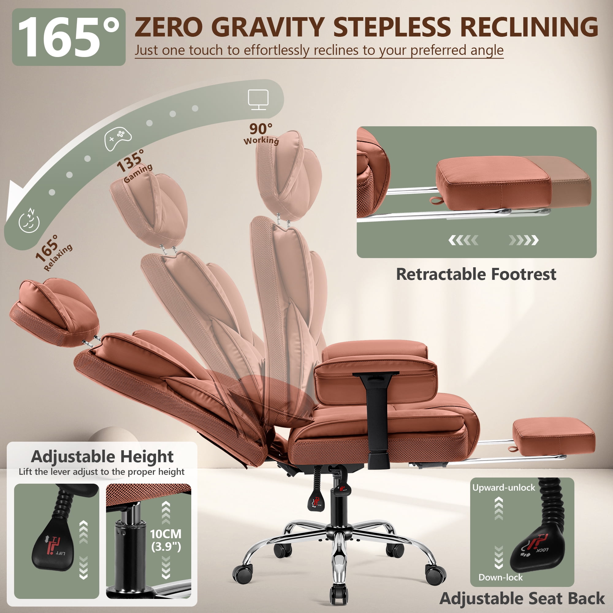 COOLHUT Big and Tall PU Leather Office Chair with Adjustable Headrest & Footrest, Executive Computer Desk Chair with 3D Adjustable Padded Armrest, Ergonomic Office Chair with Lumbar Support, Brown
