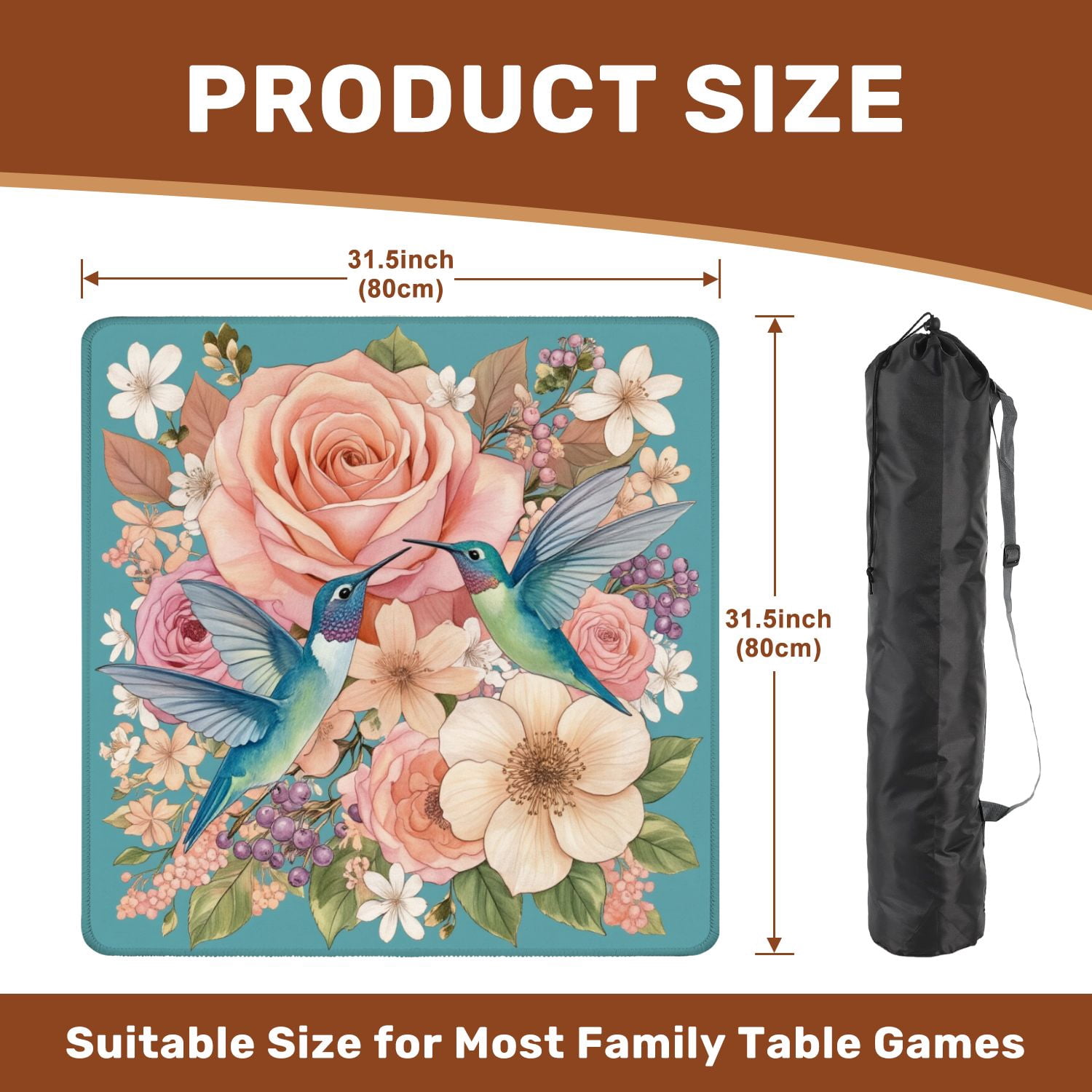 Mahjong Mat 31.5" x 31.5" Hummingbirds Among Pink White Roses Delicate Floral Arrangement Non-Slip Noise Reduction American Mahjong Tiles Table Cover for Dominoes Poker Card Board Games Gift