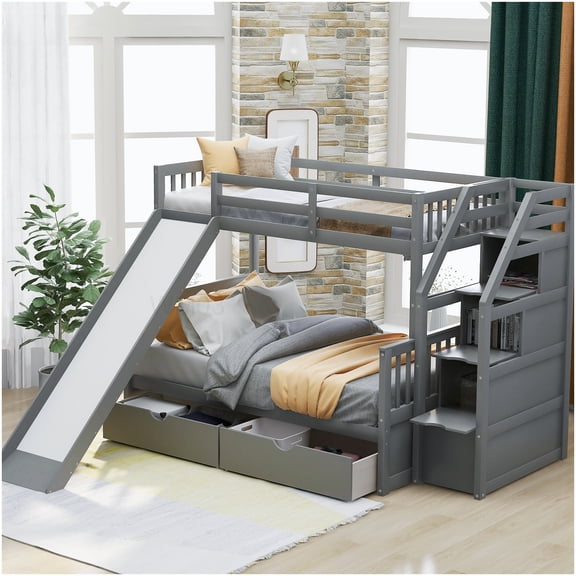 CHAMPFLAG Space Saving Bunk Bed with Slide, Twin over Full Bunkbed with Storage Drawers, Shelves and Ladder, Solid Pine Wood Frame in Gray