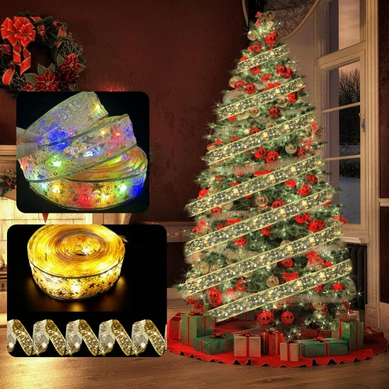 Christmas Ribbon Fairy Lights 13ft, Battery Powered LED Organza Christmas  Tree Ribbon with Copper Wire Fairy Lights for Weddings New Year Christmas