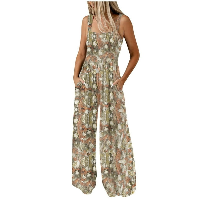 BEFOKA Pantalons Grande Taille pour Femmes, Pantalons d'Été en Solde pour Femmes, Mode Décontractée Imprimée Sans Manches Poches Jambes Larges Combinaison Longue