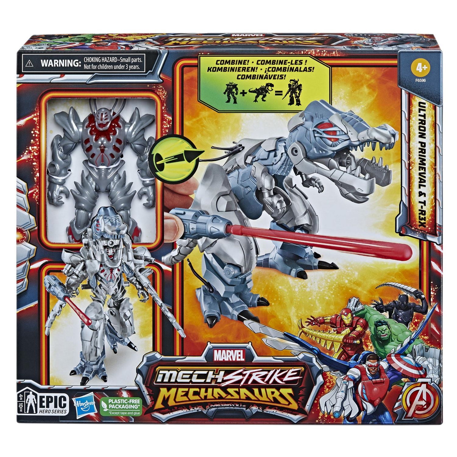 Marvel Mech Strike Mechasaurs 4.5" Ultron Primeval with T-R3X Mechasaur Action Figures, Super Hero Toys