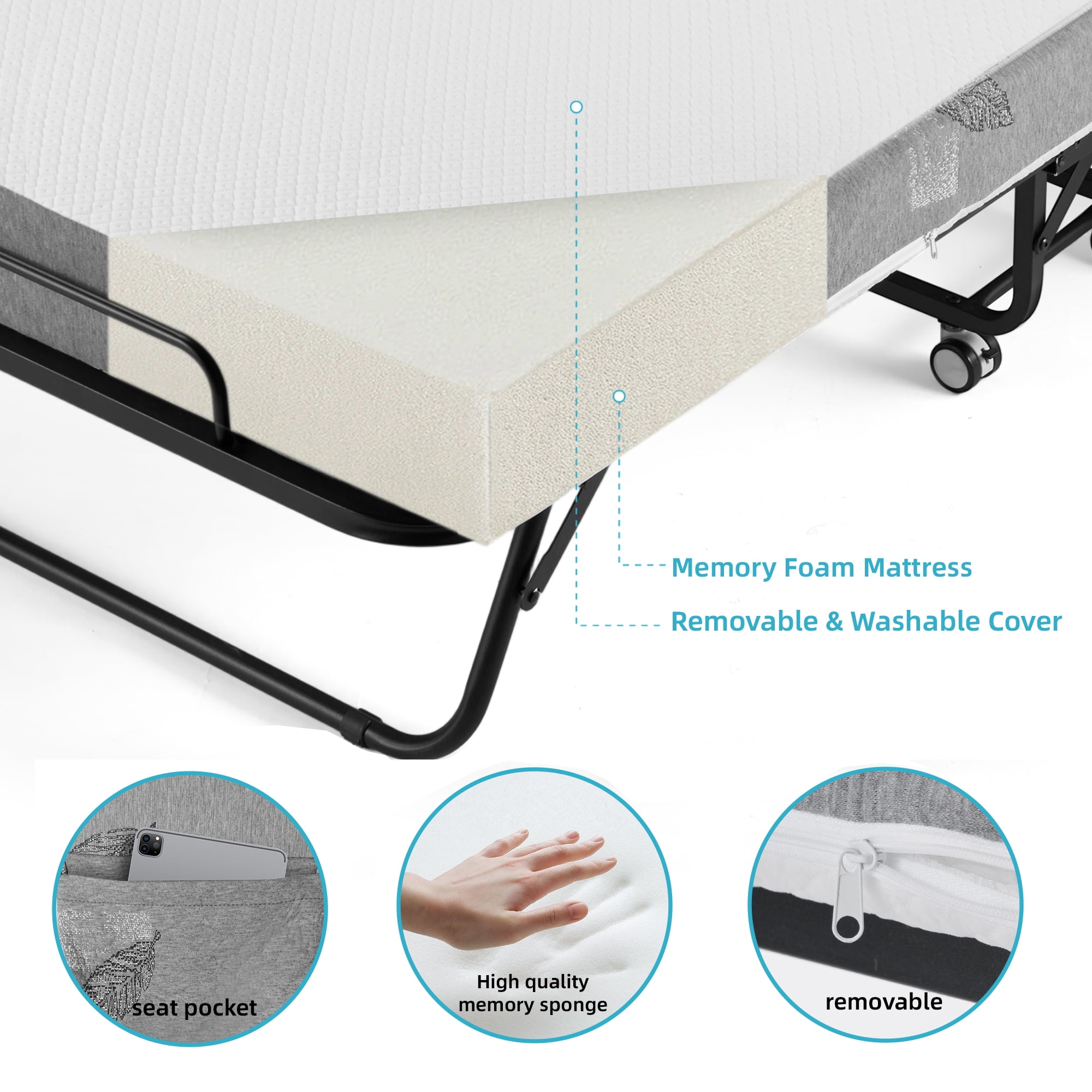 Extra Wide Folding Bed with Memory Foam Mattress, Heavy Duty Steel Frame, Portable Rollaway Guest Bed with Wheels for Adults
