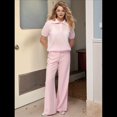 thumbnail image 2 of Women Short Sleeve Sweater Large Lapel Neck Knitted Tops Casual Sweater Shirt Loose Pullover Sweater Pink S, 2 of 7