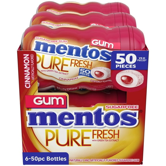 Mentos Pure Fresh Sugar-Free Chewing Gum with Xylitol, Cinnamon, Bulk, 50 Piece Bottle (Pack of 6)