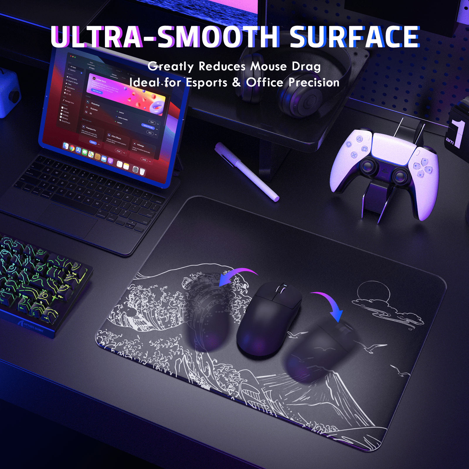 ATTACK SHARK CM05 SE Tempered Glass Mouse Pad, 16.1''×12.2'' Large Hard Gaming Mouse Pad, Nano-Etched Surface, 9H Anti-Scratch, Anti-Slip Base, Black Waves