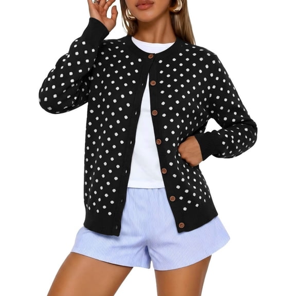 NAYTOAO Women's Polka Dot Cardigan Sweater, Crew Neck Button Down Long Sleeve Knit Open Front Casual Outerwear for Fall Winter