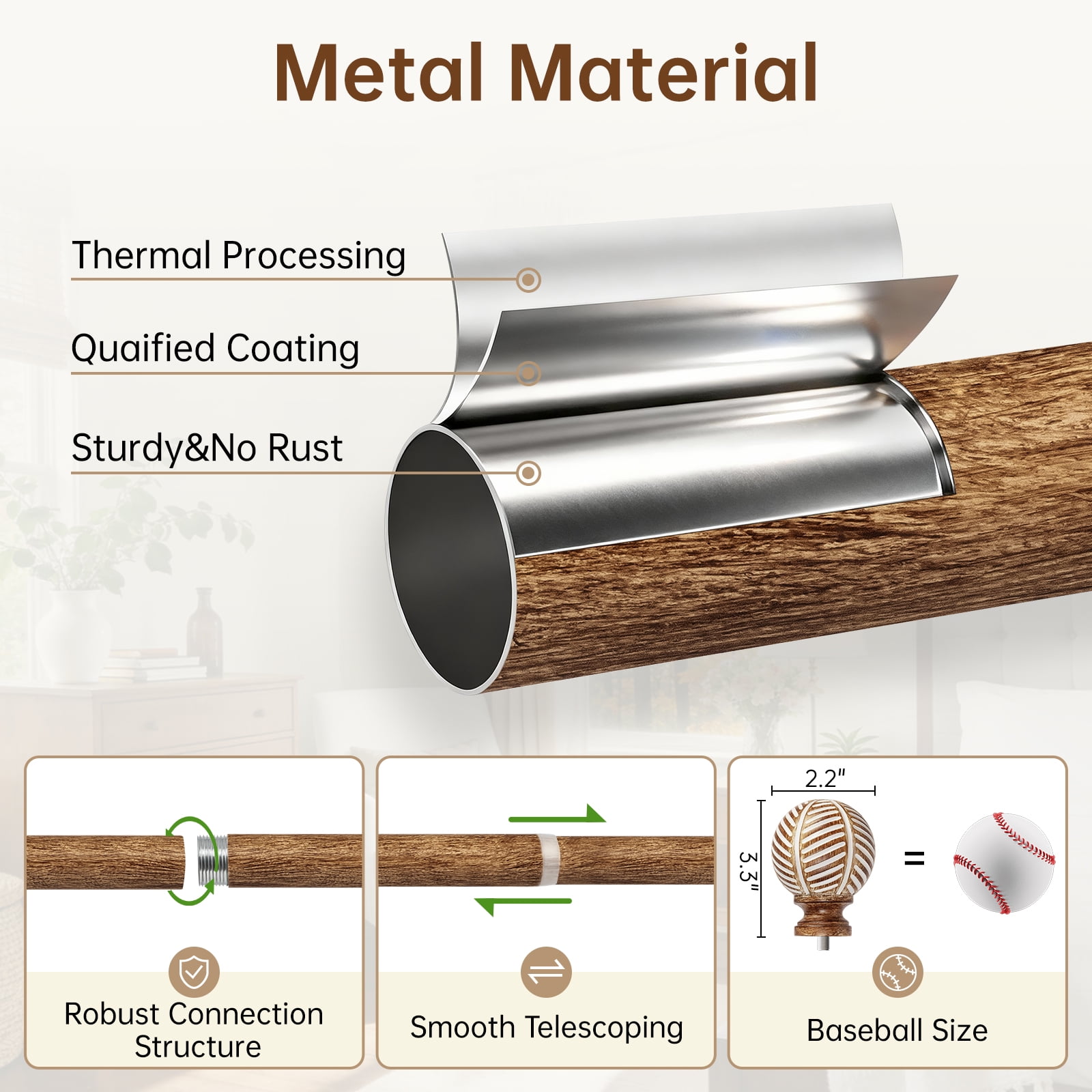 NewBuros Adjustable Wood Curtain Rod, 32 to 86 Inch, 1" Diameter Heavy-Duty Indoor Curtain Rod, Sturdy Rust-Proof with Wood Grain Leaf Pattern, Coffee Brown