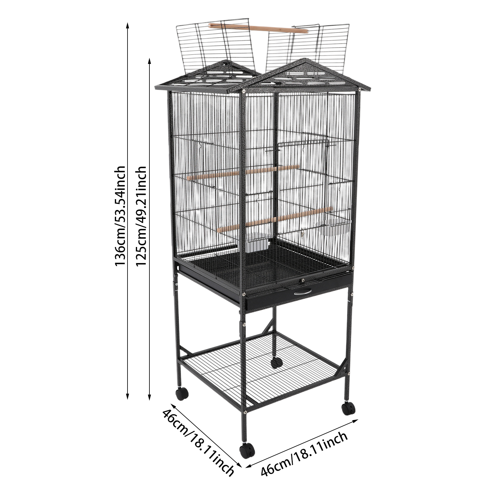 Black Iron 46*46*125cm Metal Birdcage Wheeled Storage Pet Cage Household Open Birdhouse