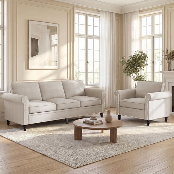 Puremind 2 Piece Sofa Set for Living Room, Linen Sectional Sofa and Armchair Furniture Sets for Apartment/Small Spaces, Beige