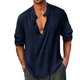 thumbnail image 4 of Camisas Para Hombre Camisa medio abierta para hombre, cárdigan de algodón y lino multicolor simple, cuello redondo, camisa de manga larga a la moda (Blue, 3XL), 4 of 5
