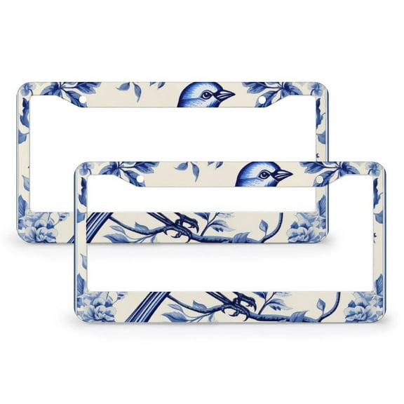2 Pieces Blue And White Tile With Birds And Small Flower License Plate Frame Modern Vintage Chinoiserie Personalized License Plate Frame Stainless Aluminum Funny Cute for USA Canada Vehicles