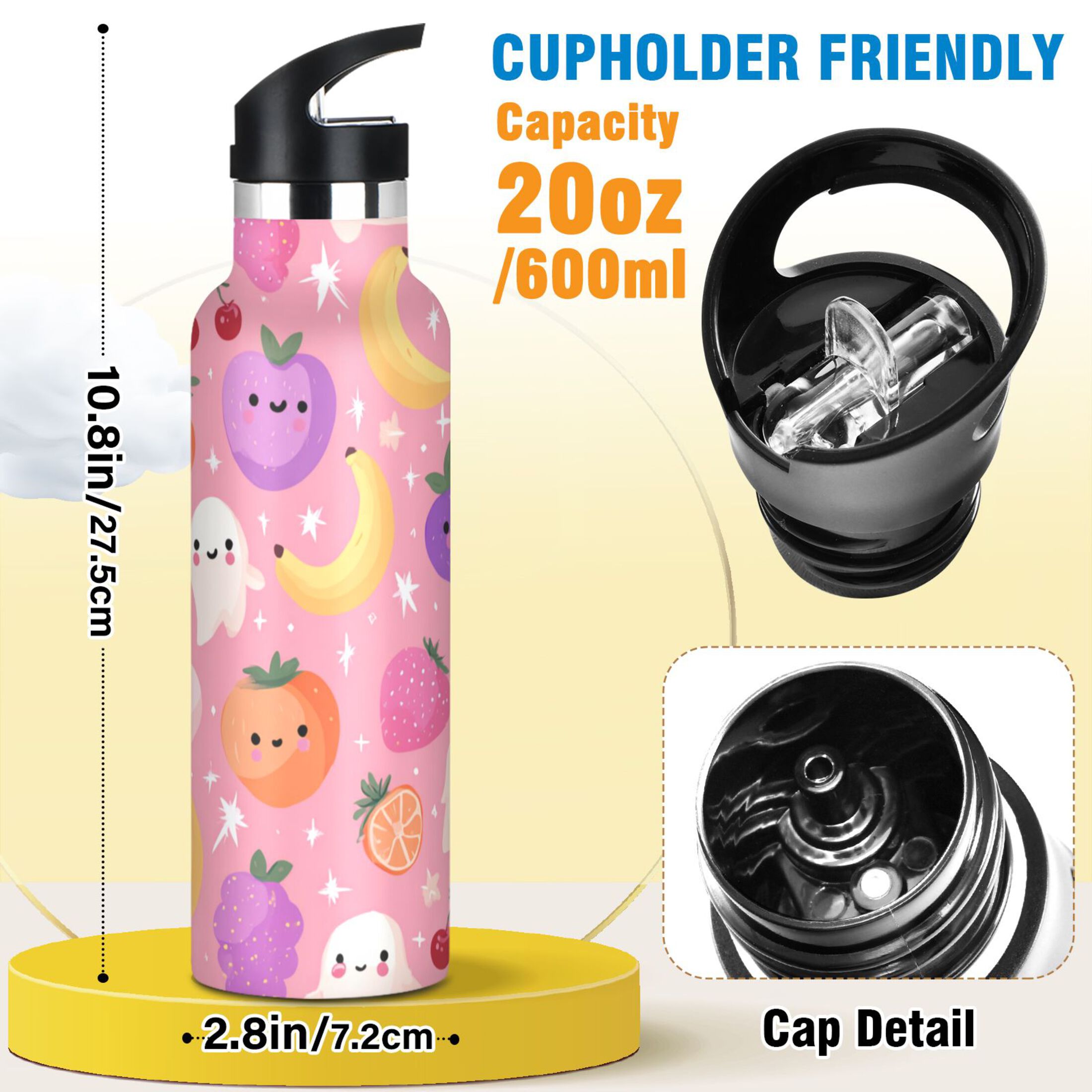 Kids Insulated Stainless Steel Sports Water Bottle 600ml (20oz) Fruit and Little Ghosts