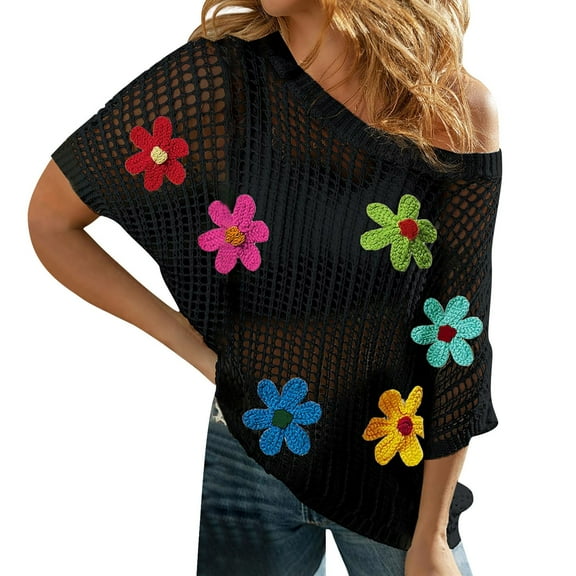 Charmgo Womens Sweaters On Sale, New Pullover Cut Out Short Sleeve Fashion and Versatile Floral Embroidered Women's Sweater Off The Shoulder Sweater Fall Sweaters for Women Black L
