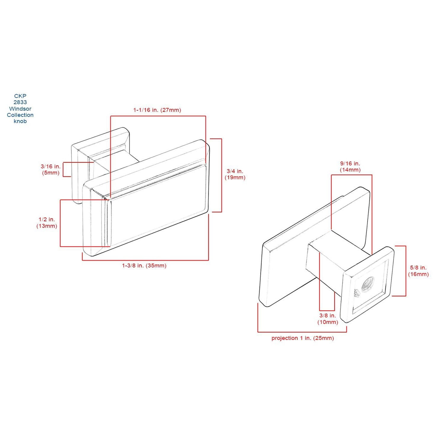 CKP #2833 Windsor Collection Rectangular 1-3/8 in. (35mm) Cabinet Knob, Polished Nickel - 10 Pack