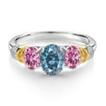 thumbnail image 2 of 925 Sterling Silver and 10K Yellow Gold Oval Persian Blue Moissanite Pink Moissanite and White Diamond 3 Stone Ring for Women (2.33 Cttw, Gemstone Birthstone, Available in Size 5, 6, 7, 8, 9), 2 of 3