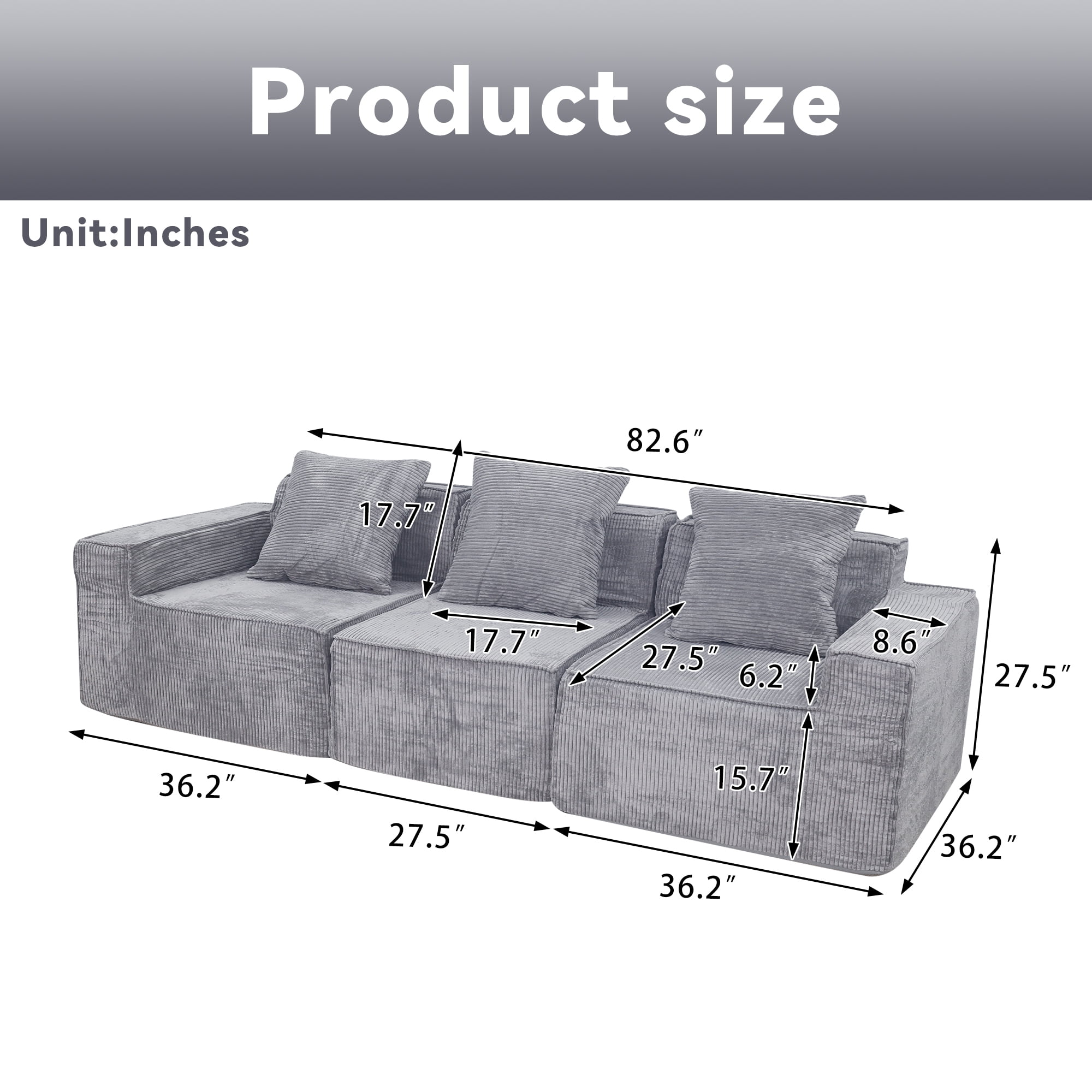 Leumius 82" 3 Seater Modular Cloud Sofa,Corduroy Upholstered Boneless Couch with Pillow Back Support Armrest,Fluffy Cloud Couches for Living Room Bedroom,No Assembly Required,Light Gray
