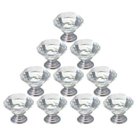 Clear Crystal Lever Handle 30mm Diamond Shape Crystal Glass Knob 10Pcs Drawer Knob Pull Handle for Cupboard,Kitchen and Bathroom Cabinets,Shutters(Clear) ()