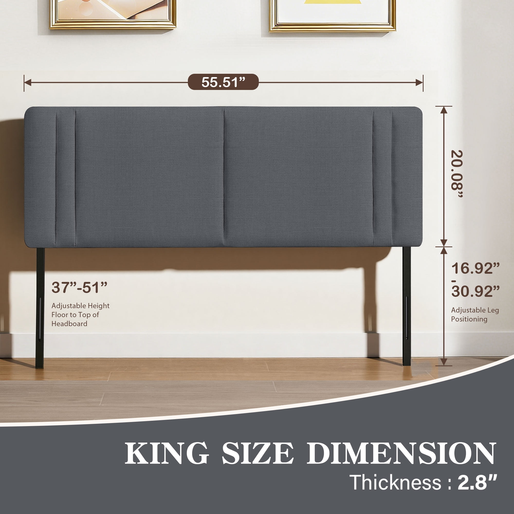 JONPONY Upholstered Full Headboard,Solid Wood Head Board with Linen Fabric,Adjustable Height Headboard from 37" to 51",Bed Frame Adapters,Headboard Only,Gray