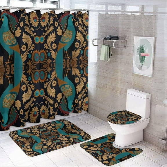 Fantasy Peacock Shower Curtain Sets 4 Piece,Rainbow Colorful Gradient Elegant Animal Peacock Bathroom Decor Sets with Rugs Include Waterproof Non-Slip Toilet Lid Cover Bath Mat