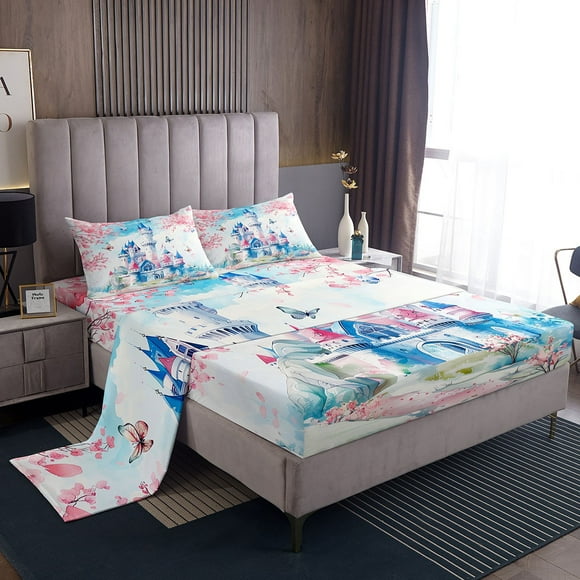 Erosebridal Blue Castle Bed Sheets Twin For Girls,Floral Butterfly Bedding Sets Twin Size,Princess Decor,Lightweight,3pcs