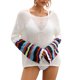 thumbnail image 1 of Traje de baño para cubrir la parte superior con cuello redondo y puños de rayas de colores, cubierta de Bikini hueca para mujer, para playa, natación, fiesta, blanco L, 1 of 6