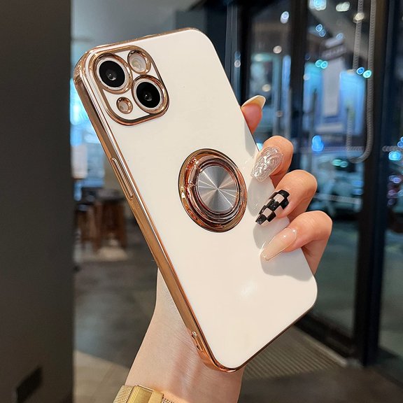 Compatible for iPhone 13 Case,Electroplated Anti-Scratch Cases with 360°Ring Holder Kickstand,Soft Flexible TPU Bumper Shockproof Case for iPhone 13 6.1 inch,White